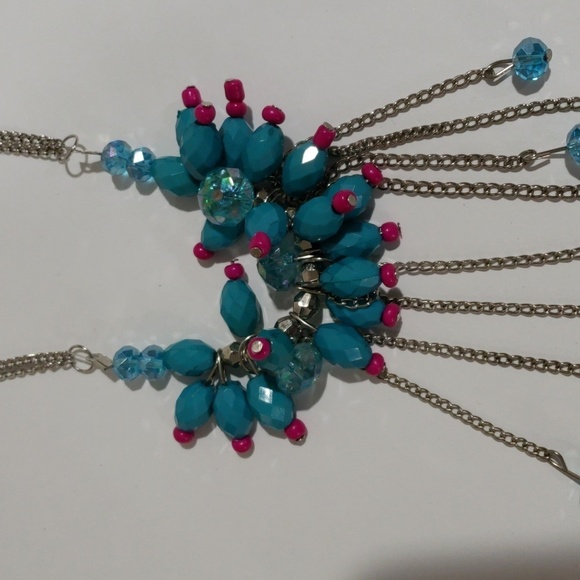 Turquoise & Red Beaded Statement Necklace & Earrings – Silver Fringe Multi-Chain - Picture 5 of 7